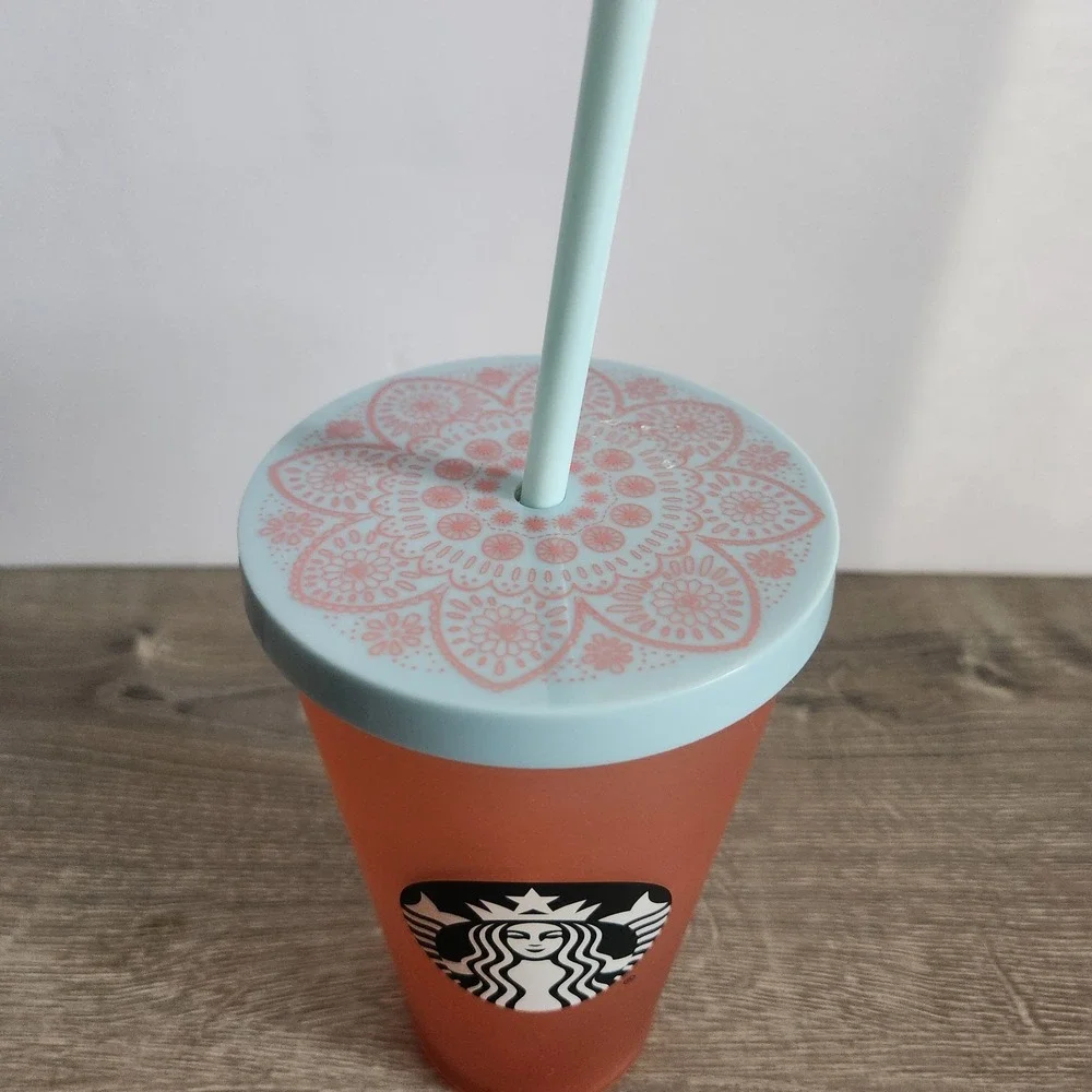 Starbucks Matte Peach Pink Floral 16Oz Grande Mermaid Logo Cold Cup Tumbler READ